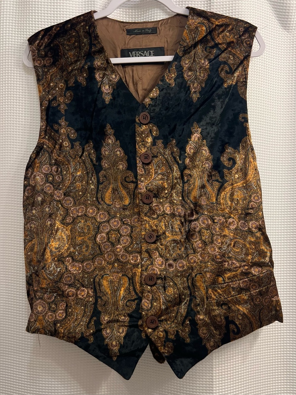 Vintage 90s Versace classic V2 Black and Gold Paisley Button Vest